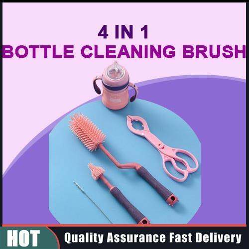 4 in 1 Baby Bottle Brush Cleaner with Tong Straw Teat Cleaning Brushes