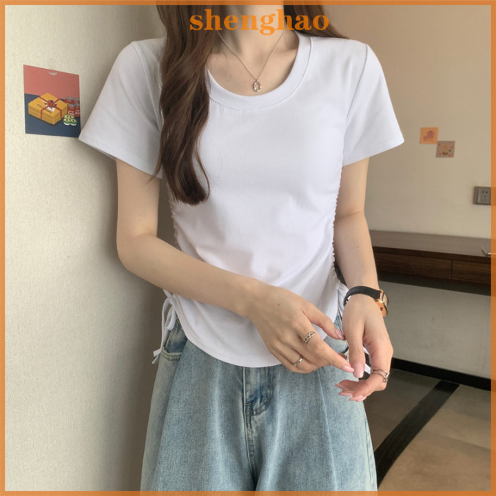 shenghao-เสื้อยืดคอกลมแขนสั้นสำหรับผู้หญิงเสื้อยืดเชือกผูกเชือกสีพื้นแฟชั่นฤดูร้อน