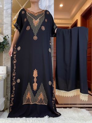 ☌☒ New Dubai Women Party Dress Summer Short Sleeve Dresses With Big Lace Scarf Cotton Embroidery Loose Maxi Lady Islam Clothes