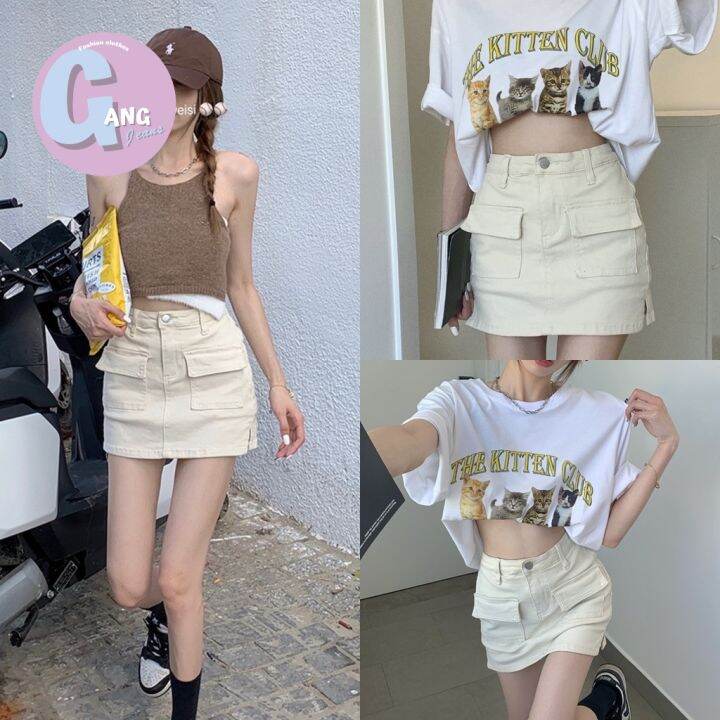 cod-dsfgretgrytwe-gang-jeans-9922-1-ใส่โค้ด-auggaa-ลด-15-กระโปรง-กางเกง-แคมป์ปิ้ง-เอวสูงกระเป๋าหน้า-ผ่าข้าง-กระโปรงแฟชั่น-สีดำ