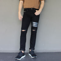 Golden Zebra Jeans กางเกงยีนส์สีดำแต่งแถบหนังสะกิดขาดขาเดฟผ้ายืด(Sizeเอว 28-44)
