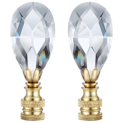 2 Packs Teardrop Clear Crystal Lamp Finial Lamp Decoration for Lamp Shade with Polished Brass Base, Clear, 2-3/4 Inches