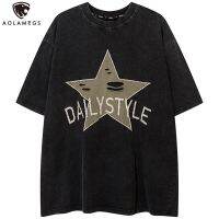 Aolamegs Men Star Broken Hole Patchwork Letter Tshirts Punk Cool Cotton