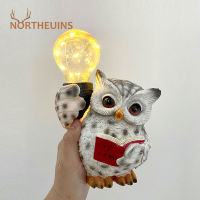 NORTHEUINS เรซิ่นอ่านนกฮูก Figurines Salor แสงหลอดไฟ LED รูปปั้นสัตว์บ้านสวนลานสาขาตกแต่ง Acccessories