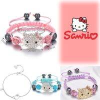 2023 New Kawaii Hello Kitty Sanrios Anime Fashion Simple Cat Diamond Beads Handwoven Camellia Couple Bracelet Girls Holiday Gift