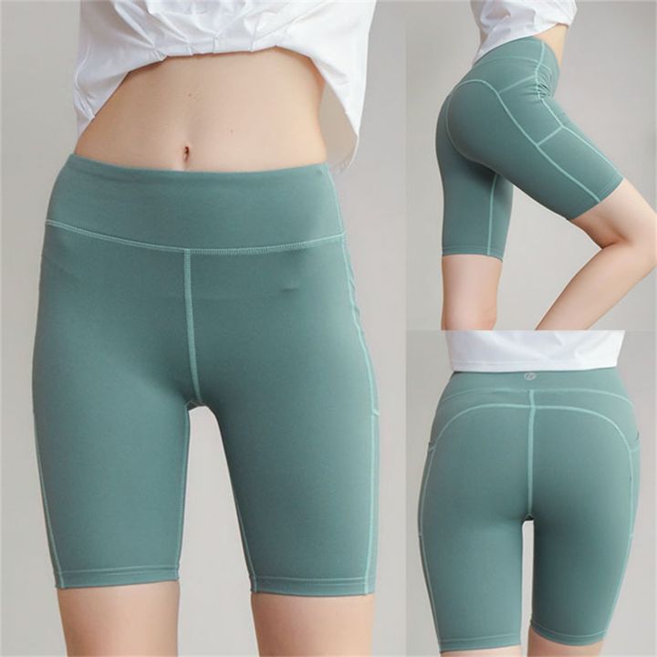 Womens High Waist Solid Workout Yoga Shorts With 2 Hidden Pockets