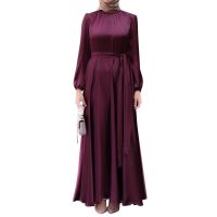 ❉卍 Hijabista Women Gown Temperament Satin Muslim Elegant Solid Color Party Puff Sleeve Dress