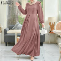 Moโมนาโก ZANZEA Muslimah ผู้หญิงมุสลิมแขนยาว O Neck Ruffles Abaya Kaftan A Line Swing ชุดเดรสแม็กซี่ #50