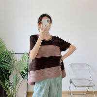 Womens New Loose Color Matching Top Pleated Short-sleeved T-shirt