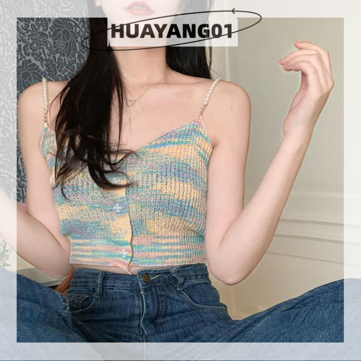 huayang01-2023แฟชั่นใหม่ล่าสุดเสื้อชั้นในสตรีถักสีสันสดใสเสื้อสายเดี่ยวแขนกุดสำหรับฤดูร้อนมีลูกปัดเซ็กซี่เสื้อกล้าม