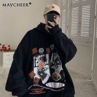 MAYCHEER เสื้อเสื้อกันหนาวฮู้ดสวมหัวพิมพ์ลายวินเทจชายอเมริกัน