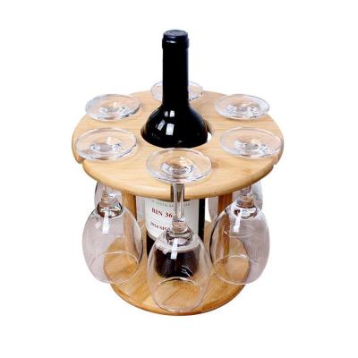 HOT-Wine Glass Holder Bamboo Tabletop Wine Glass Drying Racks Camping for 6 Glass and 1 Wine Bottle