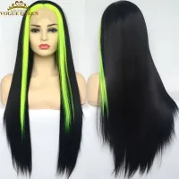 Vogue Queen Highlight Black Green Synthetic 13×3 Lace Front Wig Straight Heat Resistant Fiber Natural Hairline Cosplay For Women Wig  Hair Extensions