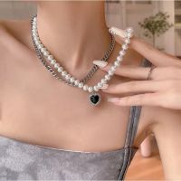 Black love สร้อยคอสองชั้นหญิง ins hip-hop ลมเย็น retro pearl clavicle chain