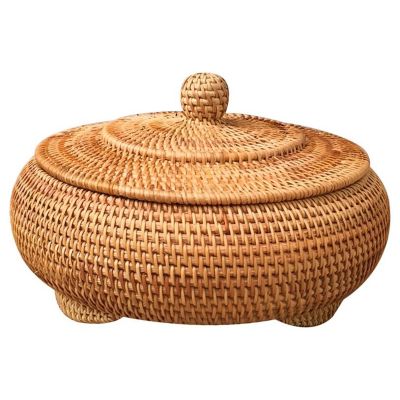 Storage Basket Hand-Woven Rattan Woven with Cover Round Primary Color Chinese Jewelry Snacks Tea Set Storage Box