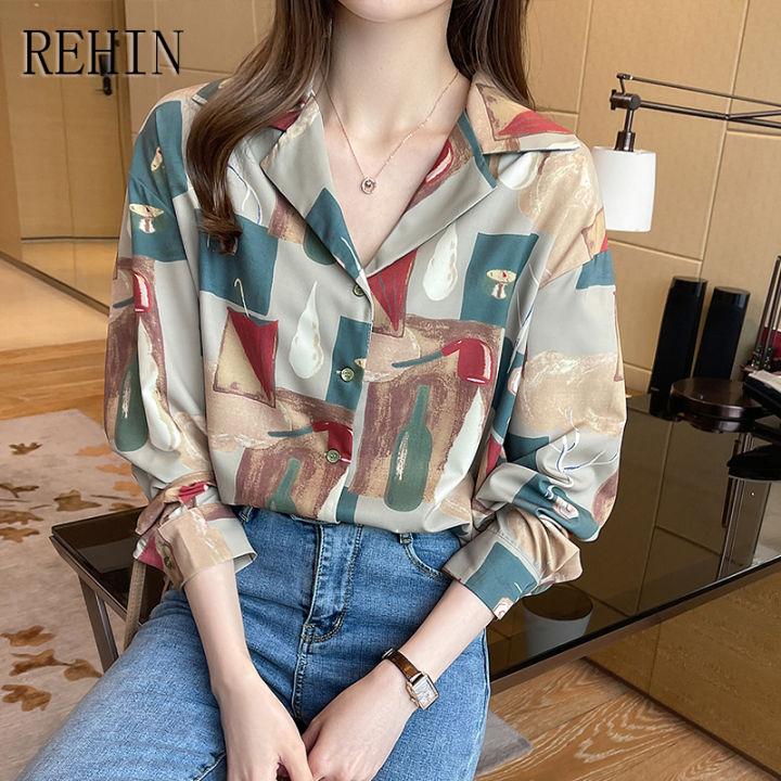 rehin-เสื้อผู้หญิงแฟชั่นใหม่ฤดูใบไม้ผลิวินเทจฮ่องกงพิมพ์ตัวอักษรเสื้อชีฟองออกแบบหรูหราเฉพาะแขนยาว
