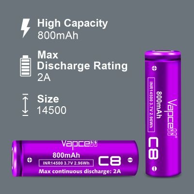 ถ่านชาร์จ Vapcell 14500 C8 800 mAh 3.7V หัวตัด ของแท้ โค็ดเช็คได้