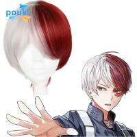 POUKL สั้น Todoroki Shoto ชุดวิกผมปลอมอนิเมะ Boku No Hero วิกผมเต็มวิกคอสเพลย์ตัวละครฮีโร่ของฉัน Academia วิก