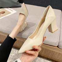 French rice white high-heeled shoes women small black career with the new 2022 winter pointed mouth shallow thick documentary shoes