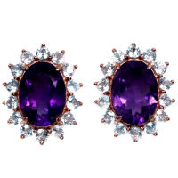 ต่างหูพลอยแท้ อเมทิสต์ (Amethyst) 10 x 14 mm. ล้อม สกายบลูโทปาส เงินแท้ 925 ชุบนาค (rose gold)