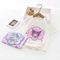 Girls T-shirts 2023 Summer Kuromi Cartoon Flip Sequins Sticker Comfort Cotton Tops Baby Clothes