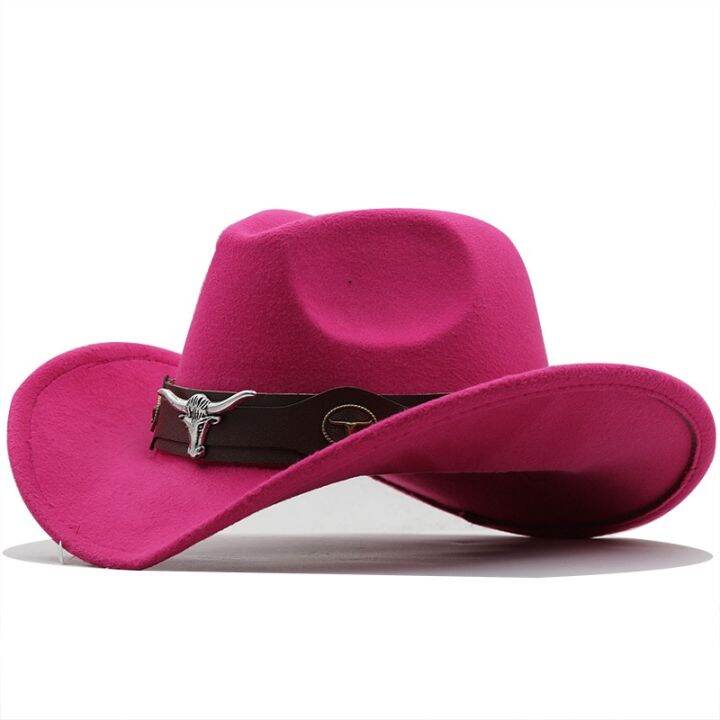 simple-wome-men-red-wool-chapeu-western-cowboy-hat-gentleman-jazz-sombrero-hombre-cap-หมวก-dad-cowgirl-ขนาด-56-58-ซม