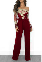 Sexy Elegant Off Shoulder Floral Embroidery Long Jumpsuit Women Sheer Long Sleeve Fitted Romper Wide Leg Pants Macacao Feminino