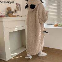 Winter Hooded Cute Robes Women Baggy Flannel Single Breasted Warm Kawaii Bathrobe Home Loose Plush Warm Sleepwear Over Knees New