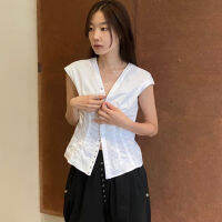 Spot parcel post[ Pre-Sale ]2023 Summer Korean Dongdaemun New Pleated R Waist-Controlled Versatile Slim-Fit Top Shirt for Women