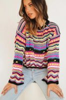 【hot】℡  Sweater Round Neck Sleeve Loose Pullovers Fashion Patchwork Knitted Striped