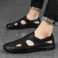 2023 Summer Men  s Sandals Leather Casual Men  s Shoes Hollowed Out Tendon Soft Bottom Breathable Slippers Men Zapatos Hombr