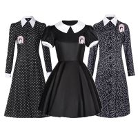 Wednesday Adams Cosplay Costume Black Full Set Short Long Sleeve Dresses Brooch Outfits For Women Halloween Party Role Play