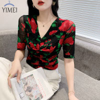 YIMEI Fashionable retro rose printed T-shirt for women 2023 summer new pleated V-neck mesh top short sleeved womens hot diamond T-shirt