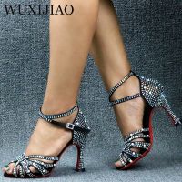 WUXIJIAO Women Latin Dance Shoes Rhinestones Soft Bottom Salsa Shoes For Dancing Ladies Sandals Womens Wedding Hight Heels 7.5C