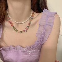 [Free ship] freshwater pearl necklace female summer sweet cool hot girl design natural colorful stone double-layer beaded clavicle chain