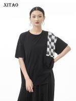 XITAO T-shirt Fashion Loose Women Casual Patchwork Plaid T-Shirt