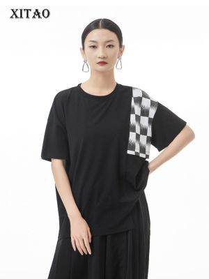 XITAO T-shirt  Loose Women Casual Patchwork Plaid T-Shirt