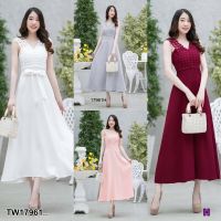 KT17961 Maxi dress คอวีแต่งสายลูกไม้ กระโปรงทรงบาน มีซิปซ่อนด้านหลัง มีโบว์ผูกเอว(ปรับระดับเอวได้) งานสวยหรู ดีไซน์เกร๋ๆ"