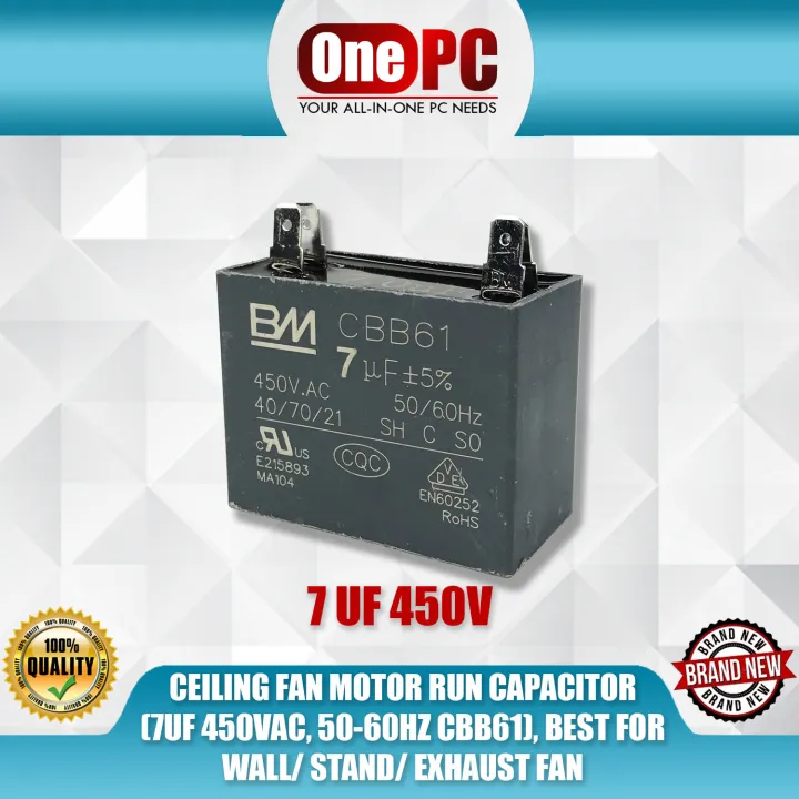 CEILING FAN MOTOR RUN CAPACITOR (7UF 450VAC, 5060HZ CBB61), BEST FOR WALL/ STAND/ EXHAUST FAN