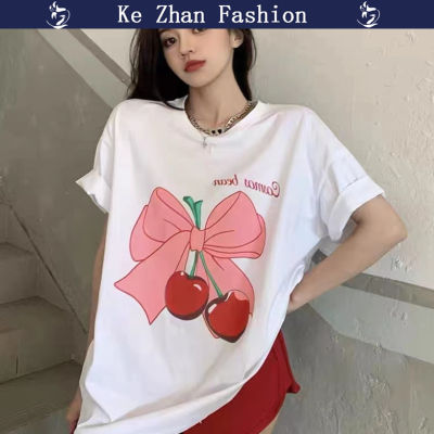 Ke Zhan เสื้อสวมหัวแขนสั้นสำหรับผู้หญิงคอกลมเสื้อสวมหัวลายโบว์เชอร์รี่หวานเย็นเสื้อผ้าฝ้ายฤดูร้อน