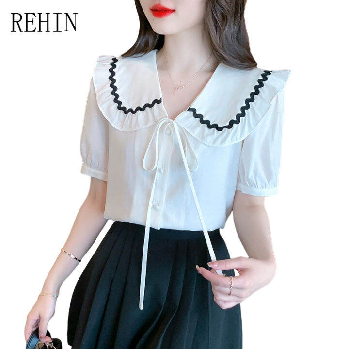 rehin-ผู้หญิงฤดูร้อนใหม่เกาหลีรุ่น-all-match-ตุ๊กตาคอ-splicing-สี-bow-tie-แขนสั้นเสื้อ-elegant-เสื้อ