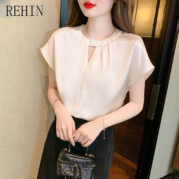 rehin-เสื้อเชิ๊ตผู้หญิงผ้าชีฟองแบบสวมหัว-เสื้อเชิ๊ตผู้หญิงผ้าชีฟองคอกลมสีทึบแฟชั่นใหม่ฤดูร้อน