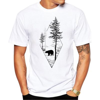 Mens Forest Bear T-Shirt Casual Short Sleeve T-Shirt Black Bear Print Hipster T-Shirt 100% Cotton Gildan