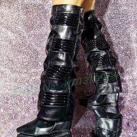 Ribbed สิทธิบัตร Wedge รองเท้าสูงผู้หญิงไม่สม่ำเสมอหนังกลับซิปรองเท้าส้นสูง Slouchy ใหม่หรูหราขนาดใหญ่ Biker Boots