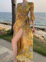 Floral Print Beach Long Dress Women Summer French Fashion Elegant One-Piece Lace Up Vestidos Korean Bodycon Boho Clothes