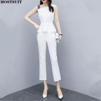 2022 Summer Workwear 2 Piece Pant Sets Women Sleeveless Tops &amp; Flare Pants Outfits Elegant Office Ladies Pant Sets