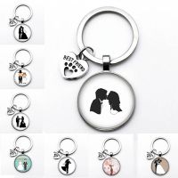 【CW】✓▣  Very Cartoon Bride And Groom Keychain Wedding Jewelry Glass Picture 25mm Metal