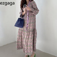 Ezgaga Vintage Floral Printed Dress Women Ruffles Loose Long Sleeve V Neck French Style Spring Purple Dresses Female Fashion