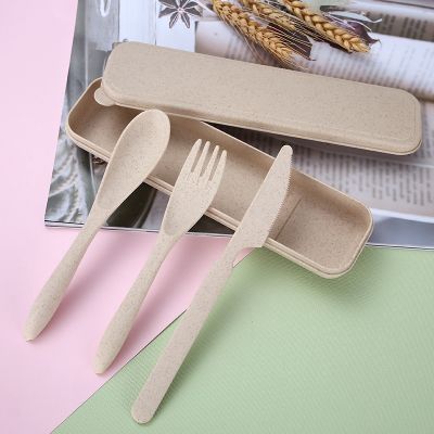 Travel Cutlery Portable Cutlery Box Japan Style Wheat Straw Knife Fork Spoon Student Dinnerware Sets Kitchen Tableware