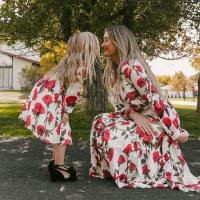 【YF】 2023 Mom And Daughter Floral Long Sleeve Dress Clothes Family Look Matching Outfits Wedding Party Mommy Me Dresses 5-12